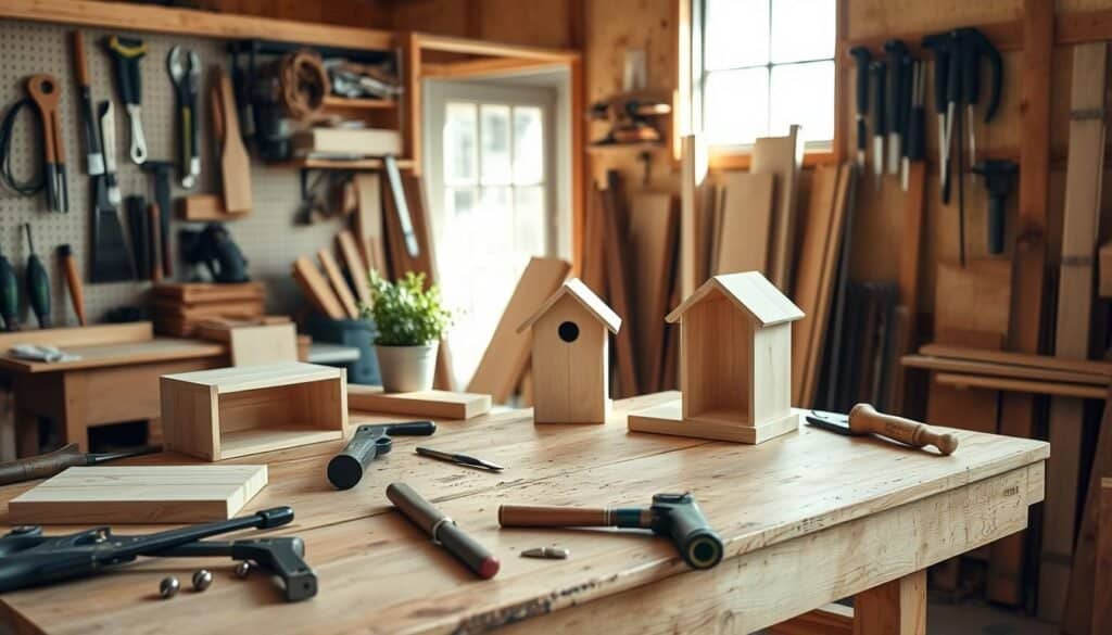 A cozy, well-lit home workshop filled with simple woodworking projects. In the foreground, a sturdy wooden workbench is cluttered cheerfully with tools like hand saws, chisels, and a small clamp. On the bench, there are half-finished wooden shelves and a basic, elegant birdhouse painted in pastel colors. In the middle, a sunny window lets in soft sunlight, illuminating the wood grain and casting gentle shadows. A potted plant sits nearby, adding a touch of greenery. In the background, there are wooden planks neatly stacked against the wall and a pegboard filled with neatly arranged tools. The mood is warm and inviting, encapsulating the joy of DIY projects and the satisfaction of crafting functional home fixes. Capture this scene from a slightly elevated angle to showcase the depth and detail of the workspace.