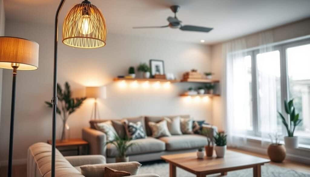 A cozy, well-lit living room featuring various DIY lighting solutions that enhance the ambiance of the space. In the foreground, a stylish floor lamp with a warm glow, a handmade pendant light made from natural materials, and strategically placed LED strip lights under floating shelves. In the middle, a comfortable seating area adorned with decorative pillows, while a wooden coffee table holds a few potted plants, enhancing the room’s liveliness. In the background, large windows allow soft, natural light to stream in, highlighting the airy and inviting atmosphere. The scene captures a sense of warmth and creativity, showcasing practical yet attractive lighting upgrades designed to brighten dark spaces. The colors are soft and inviting, evoking a serene and harmonious home environment.