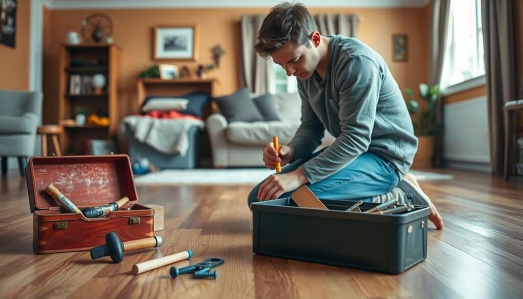 A cozy, well-lit living room showcasing a person dressed in modest casual clothing kneeling on a hardwood floor, examining a squeaky floorboard. The foreground features a small toolbox filled with basic woodworking tools like a hammer, wood glue, and screws. In the middle, the individual is focused on applying a lubricant to the floorboard, demonstrating an effective DIY technique for fixing squeaks. The background reveals warm-toned walls adorned with tasteful home décor, with soft sunlight streaming through a nearby window, creating an inviting atmosphere. The overall mood is practical and hands-on, embodying the theme of home improvement and everyday problem-solving.