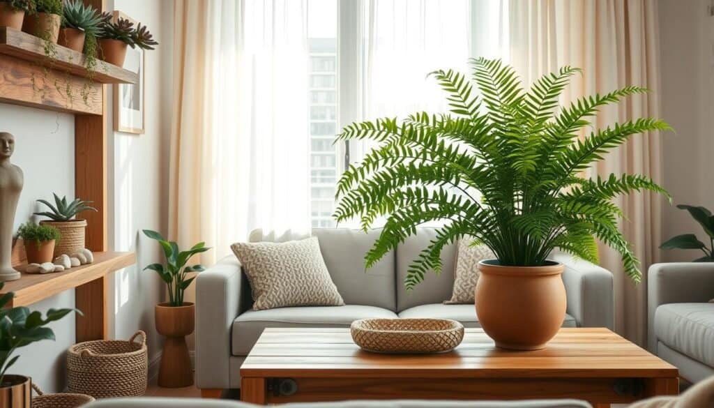 A cozy, well-lit living room showcasing various room-specific plant and wood decor ideas suited for small spaces. In the foreground, a shelf made of reclaimed wood adorned with vibrant potted succulents, trailing vines like pothos, and small decorative sandstone stones. The middle layer features a stylish wooden coffee table with a neatly arranged wicker basket and a large fern in a natural clay pot, bringing a fresh touch. In the background, a window with light sheer curtains allowing soft, natural sunlight to filter through, illuminating the space. The room is designed with minimalistic furniture, emphasizing a serene and inviting atmosphere, enriched by the warmth of wooden accents and lush greenery. Opt for a bright, airy feel, captured with a warm lens angle to encourage a sense of tranquility.