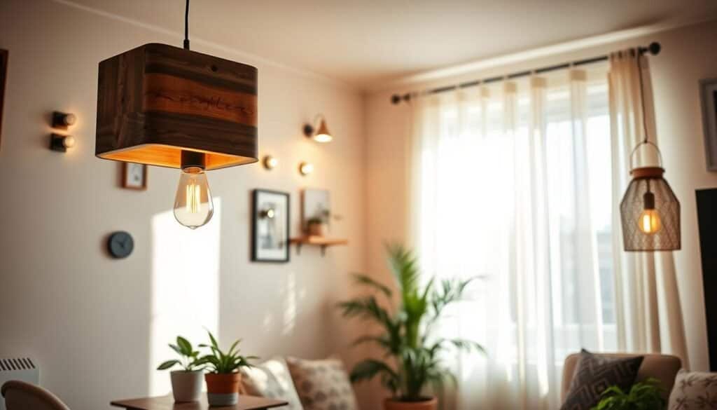 A cozy, well-lit living space featuring various DIY lighting projects to enhance ambiance. In the foreground, an elegant pendant light made from reclaimed wood sits above a small table with a potted plant, exuding rustic charm. The middle ground showcases wall-mounted LED fixtures and a handmade lantern, casting soft, inviting shadows. The background reveals a bright window dressed with sheer curtains, allowing gentle sunlight to illuminate the space. The scene is airy and welcoming, filled with a warm, inviting atmosphere. The lighting captures a harmonious blend of natural and artificial light, with a lens angle that highlights the craftsmanship of the DIY projects, creating a perfect blend of style and functionality in a small home environment.