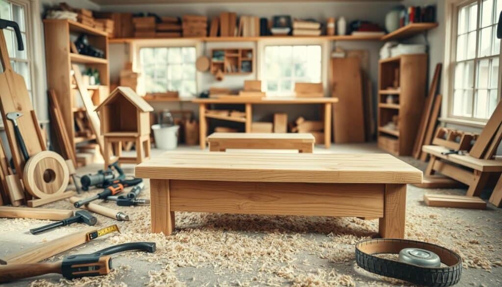 A cozy, well-lit workshop featuring an array of simple woodworking projects, such as a small birdhouse, a rustic wooden shelf, and a sturdy coffee table, placed prominently in the foreground. The table is crafted from natural wood with visible grain, surrounded by basic tools like a saw, hammer, and measuring tape scattered neatly. In the middle, a lightweight workbench holds a half-finished project, with wood shavings creating a warm, inviting atmosphere. The background reveals shelves lined with neatly organized woodworking supplies, bathed in soft sunlight filtering through large windows, enhancing the serene and focused mood. The scene conveys a sense of creativity and possibility for aspiring DIY enthusiasts, captured from a slightly elevated angle to provide a comprehensive view of the workspace.