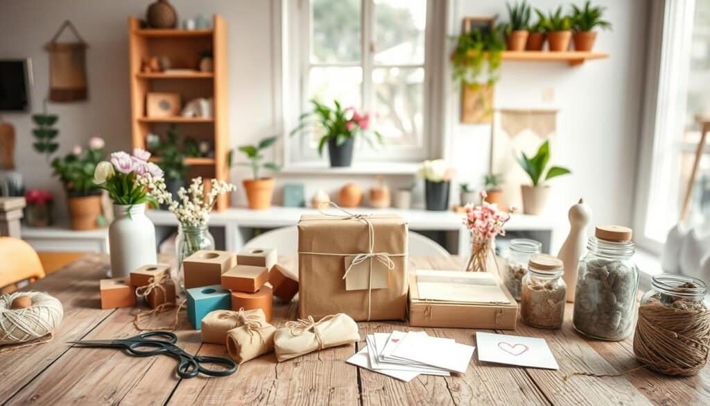 A cozy, well-lit workspace showcasing a variety of handmade gift ideas crafted from basic supplies. In the foreground, display a rustic wooden table adorned with an array of colorful craft materials, including twine, scissors, wooden blocks, and painted jars filled with flowers. In the middle, feature a beautifully wrapped handmade gift box with a delicate ribbon, accompanied by a neatly arranged set of handmade cards. In the background, soft sunlight streams in through a large window, illuminating potted plants and a simple wall shelf filled with additional craft projects. The mood is warm and inviting, emphasizing creativity and the joy of making personalized gifts. Ensure the composition feels airy and well-balanced, capturing a sense of tranquility in this DIY haven.