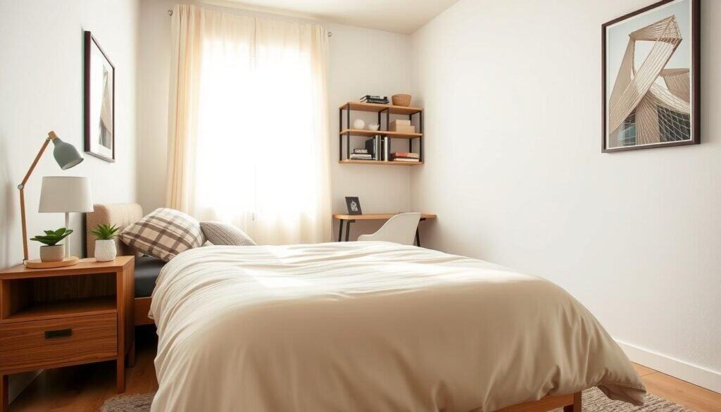 A cozy, well-organized bedroom featuring a modern minimalist aesthetic. In the foreground, a neatly made bed with soft, neutral-toned bedding and decorative pillows invites relaxation. To the left, a stylish wooden nightstand holds an elegant lamp and a small potted plant. The middle section showcases a functional wall-mounted shelving unit displaying books and decorative boxes for storage, alongside a compact desk area with a chair. Bright natural light streams in through a large window draped with sheer curtains, illuminating the space and creating a warm, inviting atmosphere. In the background, light-colored walls reflect the sunlight, enhancing the airy feel. The scene captures a harmonious blend of comfort and practicality, encouraging thoughtful bedroom organization and space-saving upgrades.
