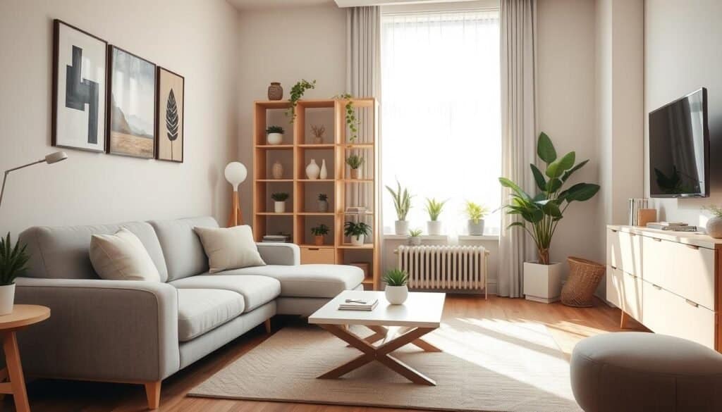 A cozy, well-organized small living room featuring multi-functional furniture designed for maximizing space efficiency. In the foreground, a stylish, convertible sofa that easily transforms into a bed; next to it, a modern coffee table that can be adjusted to different heights and also serves as storage. In the middle, an elegant bookshelf that doubles as a room divider, showcasing indoor plants and decorative items. The background features soft light streaming through a large window, highlighting a gentle color palette of pastels and natural wood tones. The atmosphere is inviting and airy, embodying a bright, sunlit ambiance that feels both spacious and comfortable. The overall composition emphasizes the clever use of space while maintaining a chic aesthetic.
