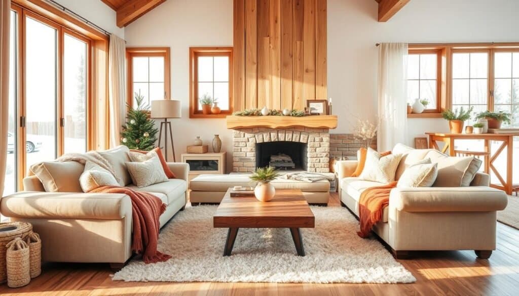 A cozy winter living room featuring tasteful wood accents. In the foreground, a plush, large beige sofa adorned with warm throw blankets and decorative pillows, inviting relaxation. A rustic wooden coffee table sits between the sofa and a floor-to-ceiling window, showcasing a snowy landscape outside. In the middle, a soft, light-colored area rug enhances the warmth of the space, complemented by a touch of greenery from potted plants on window sills. In the background, a beautifully crafted wooden mantelpiece adorned with simple seasonal decorations adds character. Bright natural light floods the room, casting soft sunlight and creating an airy feel. The atmosphere is calm and inviting, perfect for winter gatherings. A cozy winter living room featuring tasteful wood accents. In the foreground, a plush, large beige sofa adorned with warm throw blankets and decorative pillows, inviting relaxation. A rustic wooden coffee table sits between the sofa and a floor-to-ceiling window, showcasing a snowy landscape outside. In the middle, a soft, light-colored area rug enhances the warmth of the space, complemented by a touch of greenery from potted plants on window sills. In the background, a beautifully crafted wooden mantelpiece adorned with simple seasonal decorations adds character. Bright natural light floods the room, casting soft sunlight and creating an airy feel. The atmosphere is calm and inviting, perfect for winter gatherings.