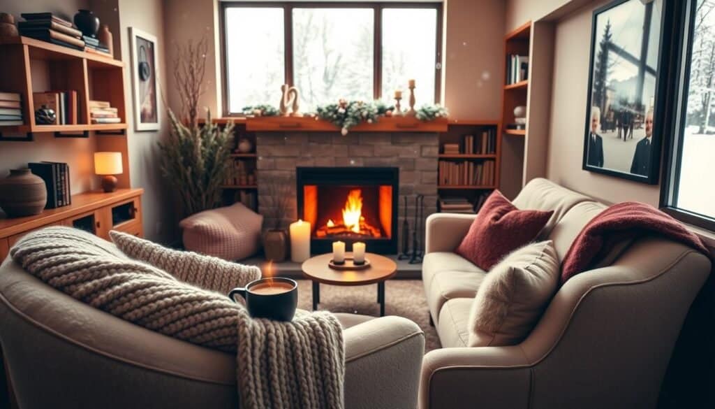 A cozy winter living room in a compact space, featuring a warm color palette with soft beige and deep burgundy accents. In the foreground, a plush, oversized armchair adorned with a knitted throw blanket and a fluffy pillow invites relaxation. A small coffee table holds a steaming cup of cocoa. In the middle, a crackling fireplace adds a glow, surrounded by neatly stacked logs and candles. The walls are lined with wooden shelves displaying books and winter-themed decor. In the background, a large window reveals falling snowflakes, letting in soft, natural light that brightens the room. The atmosphere is warm and inviting, evoking a sense of comfort and peace. The image is well-lit, captured with a wide-angle lens to emphasize the intimacy of the space.