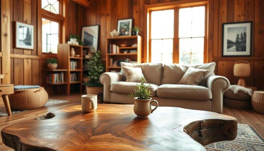 A cozy wooden living room featuring various wooden accents and décor elements that evoke warmth. In the foreground, a beautifully crafted wooden coffee table with intricate grain patterns holds a small potted plant and a couple of coffee mugs. In the middle, a plush beige sofa with soft throw pillows complements a wooden bookshelf filled with books and decorative items. The walls are adorned with wooden panels and framed nature art, enhancing the natural vibe. In the background, large windows allow soft sunlight to filter in, illuminating the space with bright, airy light. The atmosphere is inviting and serene, with a harmonious blend of wood textures and soft fabrics, creating a tranquil living environment. Use a wide-angle lens to capture the essence of the room.
