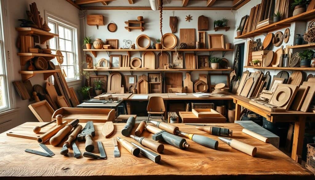 A cozy workshop filled with rustic woodworking projects, showcasing various handcrafted items such as wooden shelves and picture frames. In the foreground, a beautifully grained oak table holds an array of tools like chisels, saws, and sanders, illuminated by soft sunlight filtering through a large window. The middle ground features a collection of finished wood pieces, each displaying unique textures and natural imperfections, reflecting warmth and craftsmanship. The background reveals a wall lined with vintage wood planks and shelves overflowing with wooden decor, plants, and books. The atmosphere is inviting and serene, with a focus on natural materials and a well-organized creative space, evoking a sense of comfort and coziness in the home, captured in bright, airy lighting.