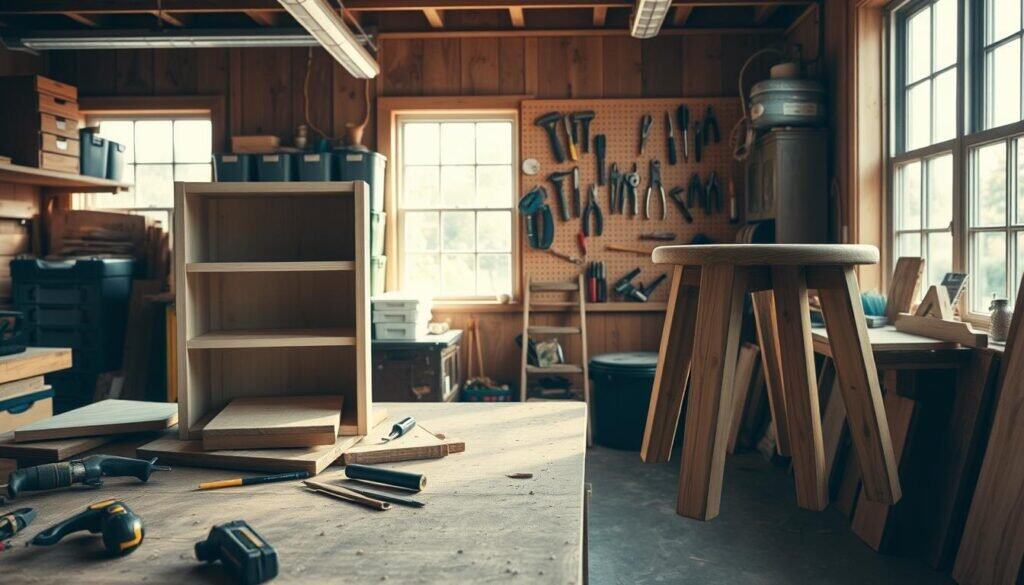 A cozy workshop scene showcasing various DIY 2x4 projects. In the foreground, a sturdy workbench holds partially assembled items like a small bookshelf and a rustic stool. Scattered tools, such as a saw and measuring tape, add to the creative chaos. The middle ground features a well-organized storage area with neatly labeled bins and a pegboard displaying hand tools. In the background, large windows let in bright, natural light, illuminating the space and creating a warm, inviting atmosphere. Soft sunlight casts gentle shadows, enhancing the texture of the wooden projects. The overall mood is productive yet relaxed, capturing the essence of weekend DIY home projects.