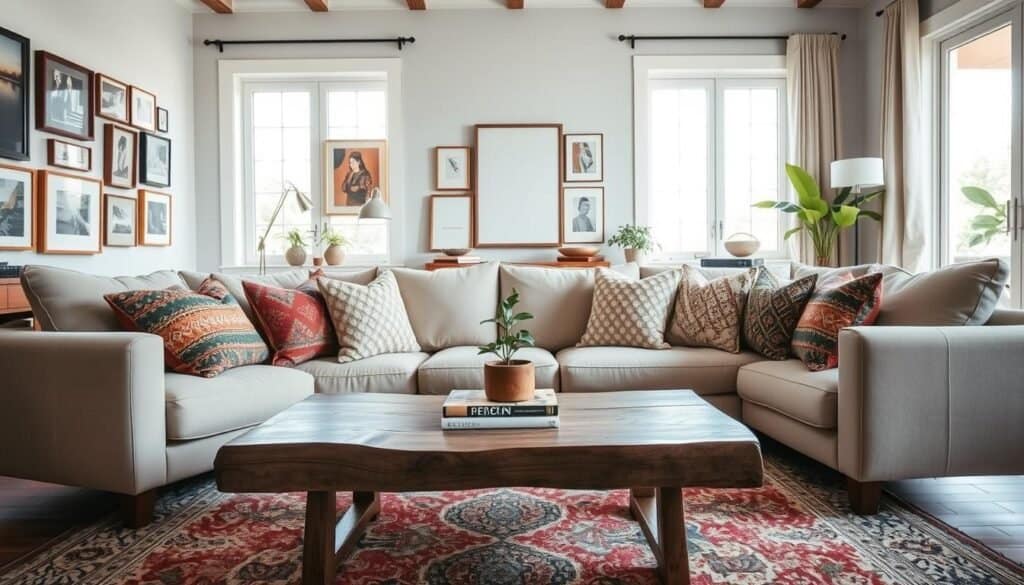 A cozy yet stylish living room, showcasing a blend of Boho-Farmhouse and Modern designs. In the foreground, a plush, neutral-toned sofa adorned with colorful, textured throw pillows. A rustic wooden coffee table sits in front, featuring a small potted plant and a stack of design books. The middle ground reveals an elegantly patterned area rug that ties the space together. On one side, a gallery wall displays an eclectic mix of framed art, while the other has floor-to-ceiling windows allowing bright, soft sunlight to flood the room, creating an airy atmosphere. In the background, a subtle view of greenery can be seen through the windows. The lighting highlights the warmth of the wood accents and the rich fabrics, conveying a comfortable yet stylish mood.