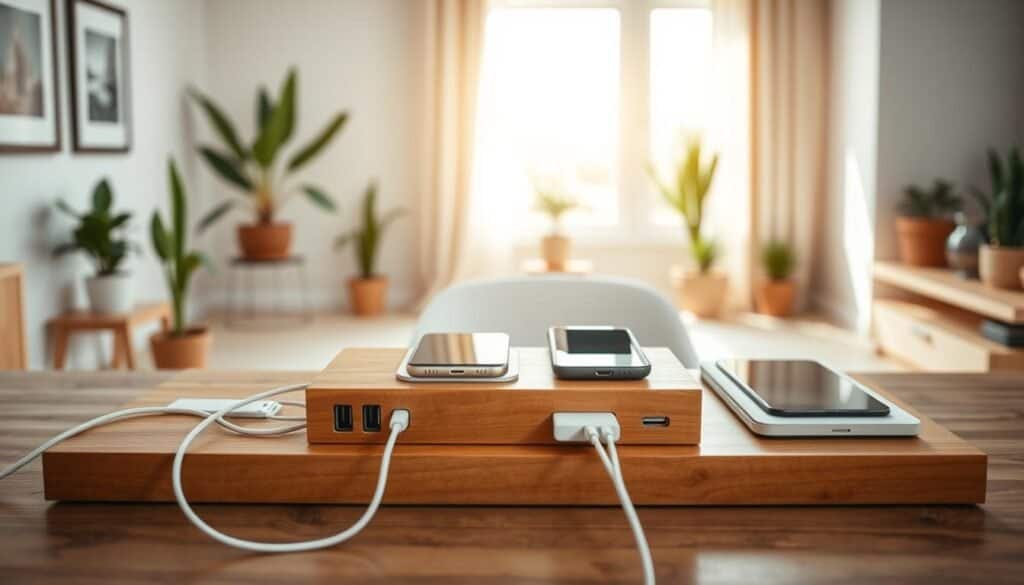 A custom charging station designed to minimize cable clutter, set on a sleek wooden desk. In the foreground, the charging station features multiple USB ports and wireless charging pads, elegantly organized without tangled wires, showcasing a combination of modern design and natural materials. The middle layer includes a few personal items like a smartphone, a tablet, and a laptop, casually placed to indicate usability. In the background, a softly lit room with a large window allows warm, natural light to flood in, enhancing the bright and airy atmosphere. The decor includes potted plants and minimalist wall art to create a cozy, inviting space. The overall mood is functional and stylish, reflecting an ideal DIY project for any home.