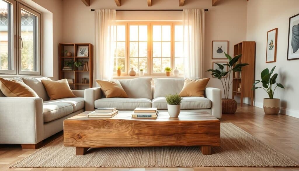 A fresh and inviting living room, featuring a combination of natural materials and soft textures. In the foreground, a cozy, light-colored sofa adorned with earthy-toned cushions. A handmade wooden coffee table holds a few carefully arranged books and a small potted plant. The middle ground showcases a large window, allowing warm, soft sunlight to cascade into the room, highlighting a neutral area rug. On one side, a stylish bookshelf with a mix of decor and greenery creates an airy feel. In the background, simple wall art adds a touch of personality without overwhelming the space. The overall atmosphere is calm and welcoming, perfect for relaxed gatherings or quiet moments, captured in a slightly elevated angle to emphasize the room's openness. A fresh and inviting living room, featuring a combination of natural materials and soft textures. In the foreground, a cozy, light-colored sofa adorned with earthy-toned cushions. A handmade wooden coffee table holds a few carefully arranged books and a small potted plant. The middle ground showcases a large window, allowing warm, soft sunlight to cascade into the room, highlighting a neutral area rug. On one side, a stylish bookshelf with a mix of decor and greenery creates an airy feel. In the background, simple wall art adds a touch of personality without overwhelming the space. The overall atmosphere is calm and welcoming, perfect for relaxed gatherings or quiet moments, captured in a slightly elevated angle to emphasize the room's openness.