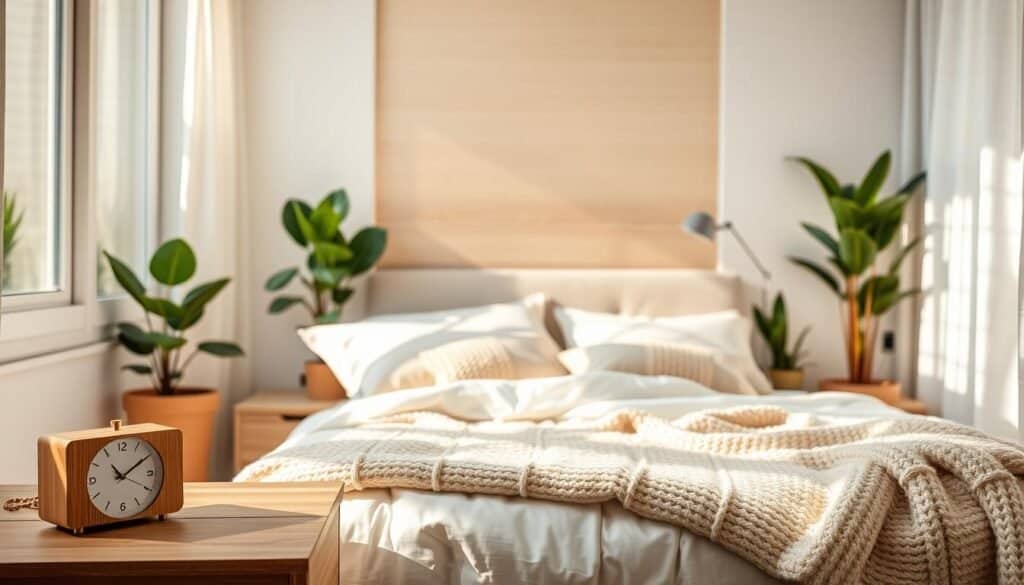 A light and cozy bedroom featuring natural elements, with soft sunlight streaming through a large window, casting warm, inviting shadows. In the foreground, a beautifully arranged bedside table holds a small potted succulent and a natural wood alarm clock. The middle of the scene showcases a plush, cream-colored bed adorned with light, airy linens and a chunky knit throw. Surrounding the bed, tall indoor plants like a fiddle leaf fig and a snake plant add a touch of greenery, enhancing the room's comfort. In the background, a soft, wooden accent wall and gently patterned curtains create a serene atmosphere. The image captures an overall feeling of tranquility and lightness, evoking a space that feels welcoming and peaceful.