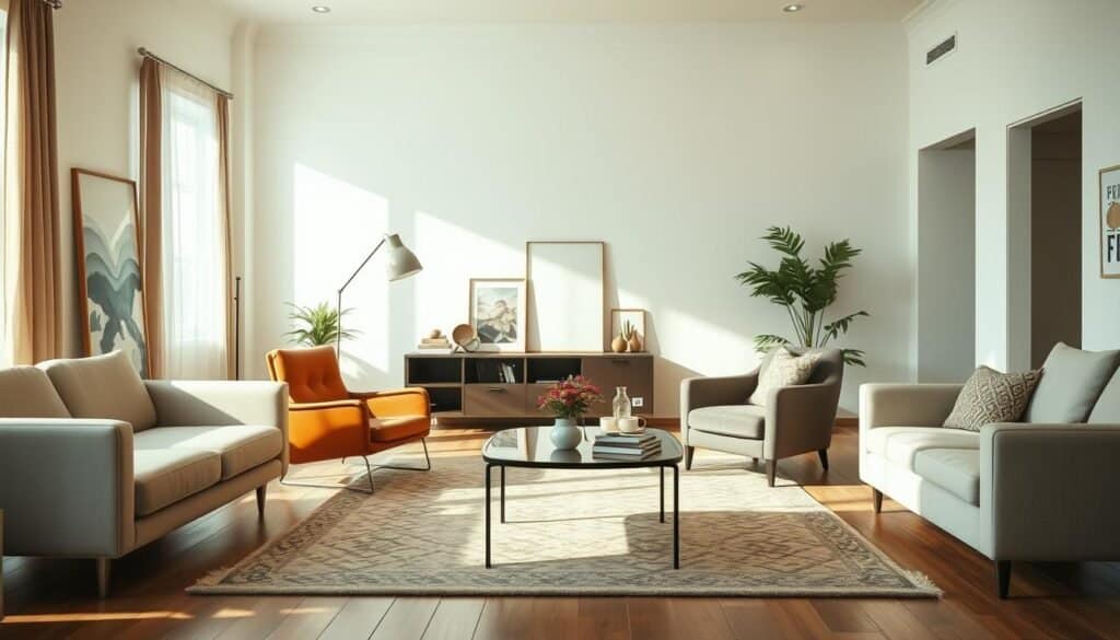 A living room with a distinct sense of unbalance, featuring mismatched furniture pieces that contribute to an unanchored feel. In the foreground, a sleek modern sofa appears slightly askew, paired with a small, retro armchair that seems out of place. A coffee table in varying heights disrupts symmetry. In the middle, the room showcases elements like oversized artwork and a floor lamp that leans towards one side, adding to the unbalanced aesthetic. The background reveals a window with soft, natural light filtering in, casting gentle shadows, enhancing the airy atmosphere. The overall scene is bright and welcoming yet feels disjointed, emphasizing the theme of layout imbalance in a realistic home décor context.