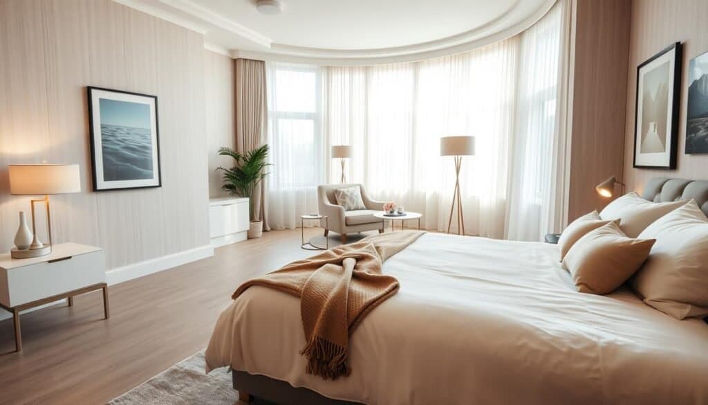 A luxurious bedroom apartment designed for a light and cozy atmosphere. In the foreground, a plush queen-size bed with a soft, light-colored duvet and a variety of decorative pillows. Beside the bed, a sleek nightstand with a modern lamp casting soft light. In the middle, a stylish seating area featuring a comfortable armchair and a small coffee table, with a warm throw draped over the chair. The walls are adorned with tasteful, minimal artwork and light wood paneling, enhancing the airy feel. In the background, large windows allow natural sunlight to flood the room, complemented by sheer curtains. Use a wide-angle lens to capture the spacious layout. The mood is serene and inviting, perfect for a cozy retreat.