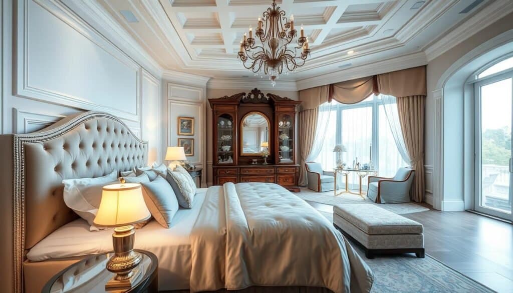 A luxurious master bedroom suite featuring a plush king-sized bed with a tufted velvet headboard, adorned with an array of soft, decorative pillows in calming pastel tones. In the foreground, a stylish nightstand holds a designer lamp casting a warm glow. The middle layer showcases elegant wooden furniture with intricate craftsmanship, a cozy reading nook by a grand window with sheer curtains allowing soft, diffused natural light to fill the room. In the background, a tasteful chandelier hangs from a coffered ceiling, enhancing the opulence. The atmosphere is tranquil and inviting, perfect for rest and relaxation, with a color palette of soft whites, golds, and blues. Use a wide-angle lens to capture the spacious layout, emphasizing the airy feel.