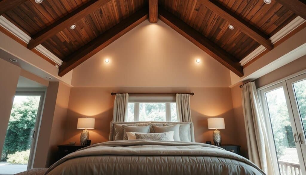 A master bedroom featuring a stunning vaulted ceiling design, showcasing elegant wooden beams and warm, neutral-toned walls. The foreground includes a plush, inviting bed with soft, layered bedding, accented by stylish throw pillows. In the middle, strategically placed table lamps and recessed lighting create a cozy ambiance, flooding the space with soft sunlight that enhances the room's warmth. The background reveals large, airy windows draped with light curtains, letting in bright natural light and providing a view of a lush, serene garden. The overall mood is calming and inviting, emphasizing comfort and tranquility—a perfect sanctuary for relaxation. The image captures the essence of strategic lighting and open space, illustrating an inviting and sophisticated atmosphere in the bedroom design.