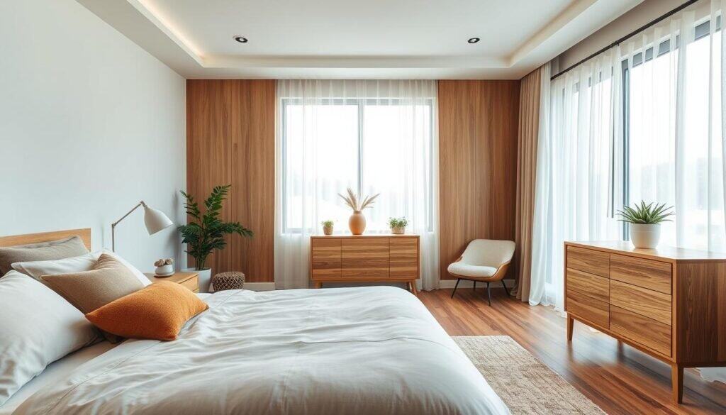 A modern contemporary bedroom design featuring a cozy, inviting atmosphere that adds warmth without heaviness. In the foreground, a plush king-sized bed with soft, muted bedding and decorative pillows in earthy tones. The middle layer showcases elegant wooden furniture, including a stylish nightstand and a minimalist dresser, beautifully complemented by small potted plants. The backdrop reveals a large window draped in sheer curtains, allowing bright natural light to flood the room, illuminating warm wood tones and light pastel wall colors. A soft rug lies beneath the bed, and the overall effect is airy and well-lit, evoking a sense of comfort and tranquility, perfect for a restful retreat. Aim for a wide-angle perspective to capture the harmonious balance of design elements.