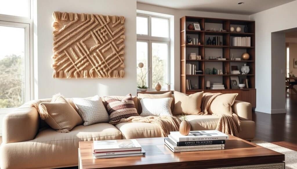 A modern living room designed to showcase the interplay of acoustics and textiles, featuring an inviting sofa adorned with textured cushions and a soft, woven throw. In the foreground, a stylish acoustic panel made of natural fibers hangs on the wall, demonstrating sound-absorbing qualities. The middle ground reveals a sleek wooden coffee table with decor that complements the textile theme, including a stack of design books and a small indoor plant. Soft sunlight filters through large windows, casting warm, airy light across the room and highlighting the intricate patterns of the textiles. The background displays a well-organized bookshelf filled with artful objects, emphasizing a harmonious ambiance. The overall mood is calm and cozy, inviting viewers to contemplate how acoustics can impact comfort in a beautifully designed space.