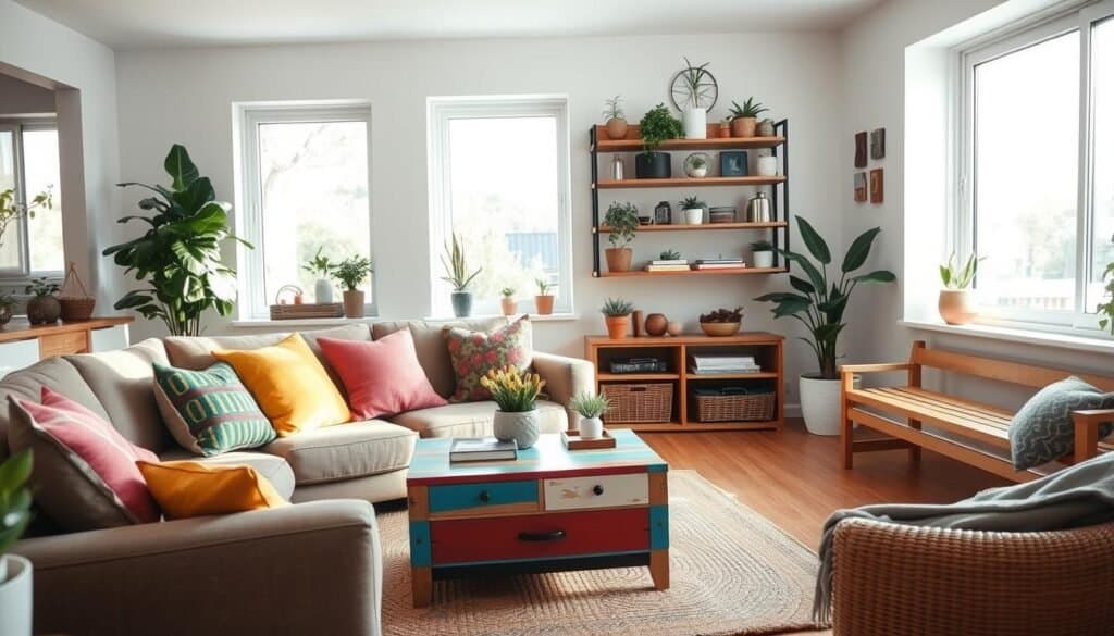 A modern living room filled with DIY projects that enhance comfort and convenience. In the foreground, a cozy couch adorned with colorful, homemade throw pillows and a stylish, hand-painted coffee table. The middle ground features a wall-mounted bookshelf showcasing neatly arranged plants and decorative items, all crafted by hand. Bright natural light floods the room through large windows, creating an airy ambiance. In the background, a woven rug adds warmth, while a handmade wooden bench serves as extra seating. The overall atmosphere is inviting and creatively eclectic, emphasizing the charm of DIY home improvements with soft sunlight illuminating every detail.