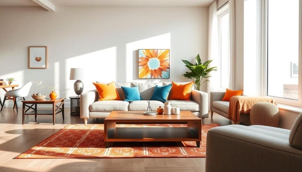 A modern living room showcasing color balance, featuring a well-coordinated palette of soft blues, warm oranges, and neutral tones. In the foreground, a plush, neutral-colored sofa with vibrant accent pillows sits centered on a stylish area rug. To one side, a sleek wooden coffee table displays a few colorful decor items, enhancing the visual interest. The middle of the room features a vibrant art piece on the wall, adding a focal point while maintaining harmony in colors. In the background, large windows allow bright, natural light to flood in, creating an airy atmosphere. Soft sunlight casts gentle shadows, emphasizing the textures of the space. This inviting living room layout invites engagement while avoiding clutter, showcasing effective color and pattern balance.