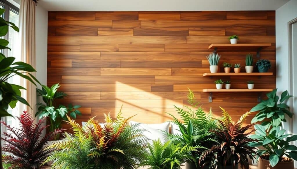 A modern wooden wall in a beautifully designed living space, featuring a combination of rich, warm wood textures and lush greenery. In the foreground, vibrant potted plants with varied foliage and colors, such as ferns and succulents, create a sense of life and energy. The middle layer showcases the wooden wall, crafted with clean lines and a contemporary finish, enhanced by soft sunlight streaming through a nearby window, casting gentle shadows. In the background, a few decorative wooden shelves hold additional plants and natural decor items, further blending the elements of wood and nature. The atmosphere is airy and inviting, promoting a serene and harmonious vibe, perfect for showcasing the beauty of rustic yet modern design in home decor.