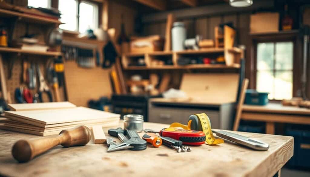 A neatly arranged basic tool kit displayed on a wooden workbench in a cozy, well-lit workshop. In the foreground, a variety of essential tools such as a hammer, screwdriver, pliers, and measuring tape are prominently showcased. The middle ground features a few DIY project materials like wood scraps and screws, while the background reveals shelves filled with additional tools and a window allowing soft, natural sunlight to illuminate the scene. The atmosphere is warm and inviting, evoking a sense of creativity and readiness for home projects. The overall image is captured with a shallow depth of field, focusing on the tool kit, with a clean and organized aesthetic that speaks to DIY enthusiasts.