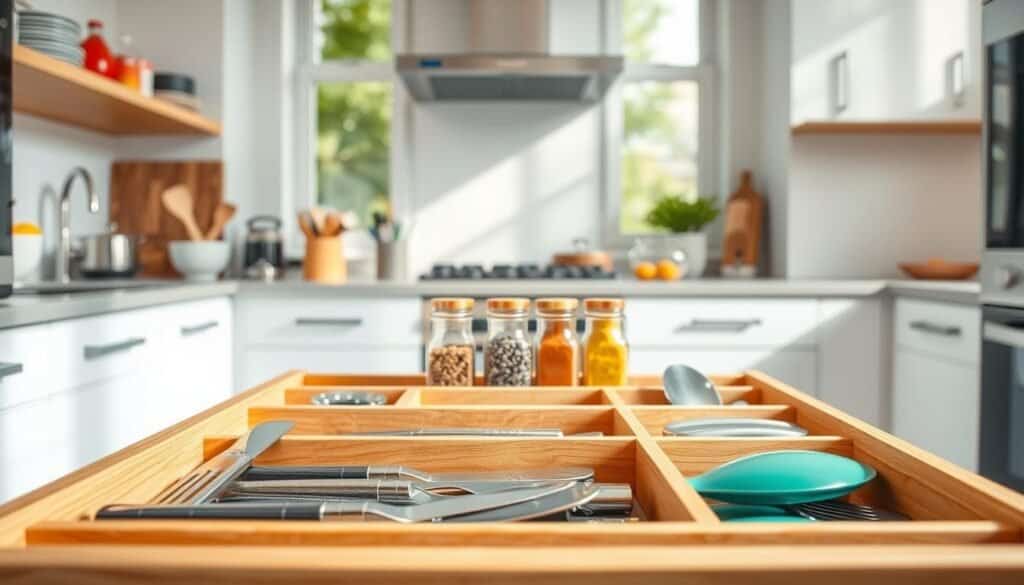 A neatly organized kitchen drawer with stylish wooden dividers, showcasing a variety of utensils, cutlery, and cooking tools. The foreground features the dividers in a light oak finish, accentuating the contrast with stainless steel and colorful kitchen implements. In the middle, a few neatly arranged spices in glass jars peek out, adding a splash of color. The background reveals a bright, airy kitchen with soft sunlight streaming in through large windows, highlighting the clean lines and modern design of the cabinetry. The overall mood is cheerful and functional, ideal for a fresh and organized home environment. The image should be captured from a slightly elevated angle to give a clear view of the drawer's contents and organization.