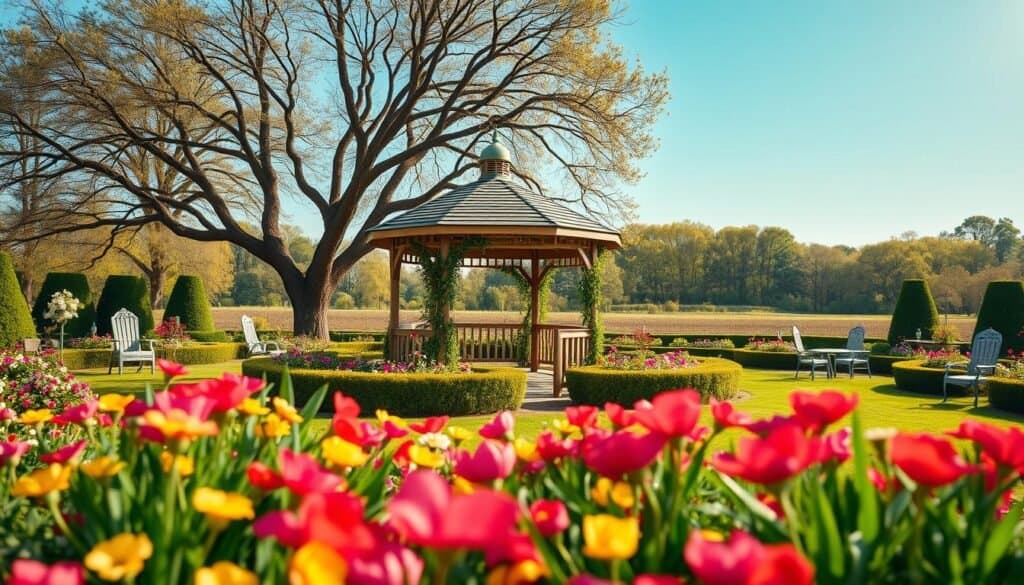 A picturesque garden folly in a spacious, open backyard, featuring a whimsical wooden gazebo surrounded by an array of colorful flowers and meticulously trimmed hedges. In the foreground, vibrant petals and lush green grasses create depth, while in the middle, the gazebo, adorned with climbing vines, serves as a visual anchor amidst a sea of scattered garden furniture. The background showcases a soft, blurred view of a distant tree line under a bright blue sky, illuminated by warm, soft sunlight filtering through the branches. The overall atmosphere is inviting yet slightly disorienting, emphasizing the absence of clear focal points. Capture the image with a wide-angle lens to accentuate the expansiveness of the space, enhancing the feeling of openness while exploring the contrast between beauty and unease.