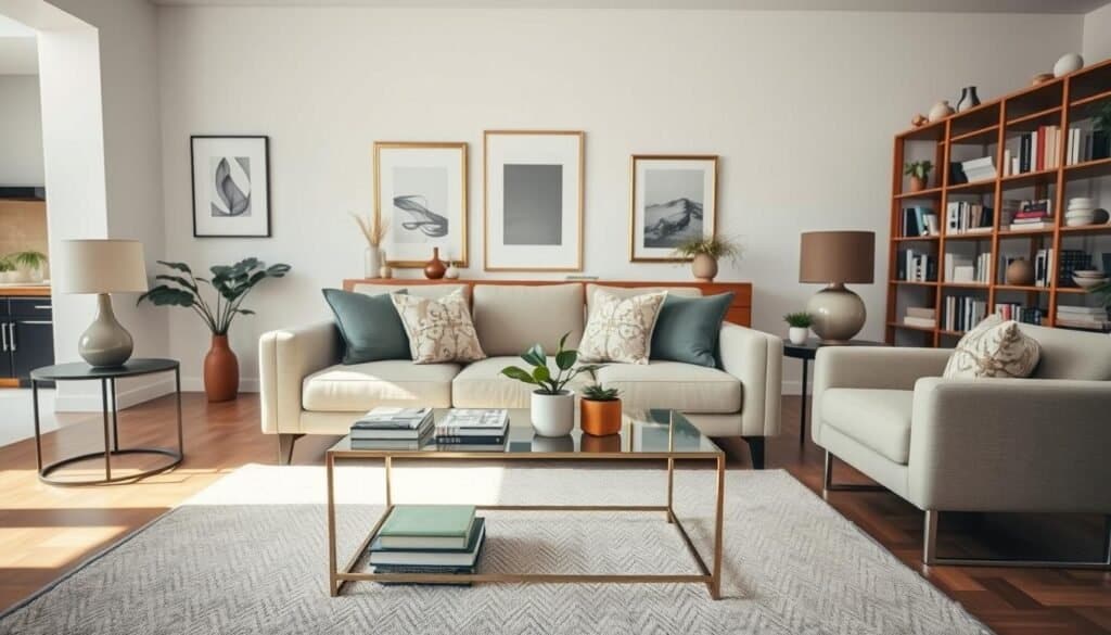 A polished living room that embodies a sense of intentional design with balanced decor. In the foreground, a plush, neutral-toned sofa adorned with decorative cushions. A chic coffee table rests in front, topped with a small stack of well-styled books and a tasteful plant. The middle ground features a stylish area rug anchoring the seating arrangement, complemented by a sleek side table with a decorative lamp. In the background, soft sunlight streams through large windows, illuminating elegantly curated wall art and a tasteful bookshelf filled with organized books and decor pieces. The space has an airy, welcoming atmosphere, embodying a sense of completion rather than clutter. The lighting is bright and natural, enhancing the overall warmth of the room, captured from a slightly elevated angle for depth.