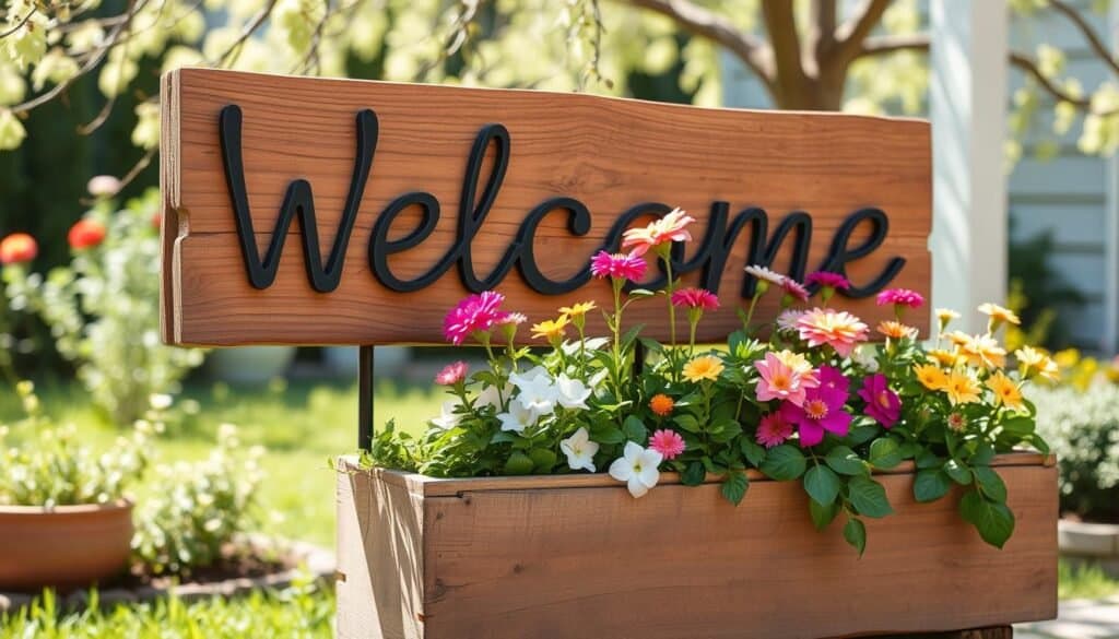 A rustic DIY welcome sign featuring a built-in planter box, adorned with colorful flowers and lush greenery. The sign is crafted from weathered wood, emphasizing a warm, inviting feel, with the planter seamlessly integrated beneath it. In the foreground, the welcome sign stands prominently, while the middle ground reveals an artfully arranged selection of various blooming plants spilling out of the planter. The background consists of a charming garden setting with hints of soft sunlight filtering through gentle tree branches, creating an airy atmosphere. Capture the scene with a slightly elevated angle, enhancing the dimensionality, and utilize bright, natural light to evoke a cheerful, welcoming mood. The overall image should reflect an inviting and creative home project, perfect for enhancing any entryway.