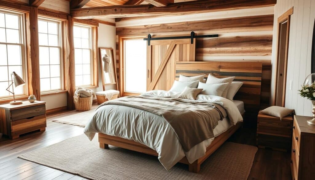 A rustic modern bedroom featuring a harmonious blend of wood and contemporary furnishings. In the foreground, a cozy queen-sized bed with a handcrafted wooden headboard, layered with soft neutral bedding and decorative pillows. On one side, a small nightstand made of reclaimed wood with a vintage lamp casting warm light. The middle section showcases an airy space with a plush area rug, a woven basket filled with cozy throws, and a barn-style sliding door. The background reveals large windows letting in bright, natural sunlight, illuminating the room with a soft glow. Neutral colors dominate the room's palette, accented by earthy tones. The overall atmosphere feels serene and inviting, emphasizing comfort and natural elements, with airiness and warmth enveloping the space. A wide-angle view captures the entirety of this beautifully styled room.