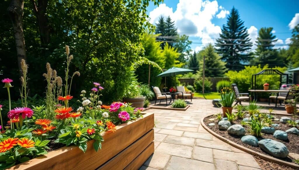 A scenic view of a specialty garden in a backyard, featuring a curated arrangement of vibrant flowers, aromatic herbs, and edible plants. In the foreground, a wooden raised garden bed brimming with colorful blooms and green leaves creates a welcoming atmosphere. The middle ground showcases a paved path lined with decorative stones and thriving plants, leading to a cozy seating area with tasteful garden furniture. Lush greenery forms the background, punctuated by tall trees and a bright blue sky with fluffy white clouds. Soft natural sunlight filters through the leaves, casting gentle patterns on the ground, creating a serene and inviting mood perfect for outdoor relaxation and gardening. The focus is on the detailed textures and rich colors, captured with a slightly wide-angle lens to emphasize the garden’s beauty.