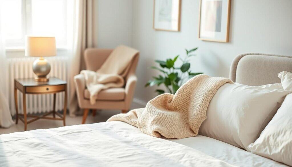 A serene and calming bedroom décor scene featuring a neatly made bed with light-colored linens and soft, fluffy pillows. In the foreground, an elegant nightstand holds a minimalistic lamp casting warm, soft light throughout the room. The middle layer showcases a cozy, textured blanket draped casually over a stylish armchair positioned by a window, allowing natural, soft sunlight to filter in. In the background, light pastel-colored walls are adorned with simple, harmonious artwork, and a lush green potted plant adds a touch of nature. The overall atmosphere conveys tranquility and comfort, with an emphasis on airy space and a clutter-free environment. The angle captures the depth of the room while emphasizing the gentle play of light and shadow, creating a peaceful sanctuary feel.