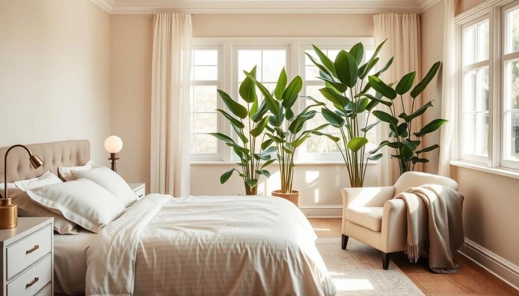 A serene and inviting bedroom designed with a neutral color palette, featuring soft beige and creamy white walls. In the foreground, a beautifully made king-size bed with crisp, light-colored linens and an array of textured pillows invites relaxation. A stylish nightstand on one side displays a small, elegant lamp with a warm glow. In the middle ground, a cozy armchair draped with a wool throw sits beside a large window, allowing bright natural light to pour in and illuminate the space. The background showcases lush green plants to add a touch of nature, enhancing the tranquil atmosphere. The overall lighting is soft and airy, creating a peaceful mood, perfect for promoting restful sleep. The image captures the essence of comfort and natural elegance in bedroom design.