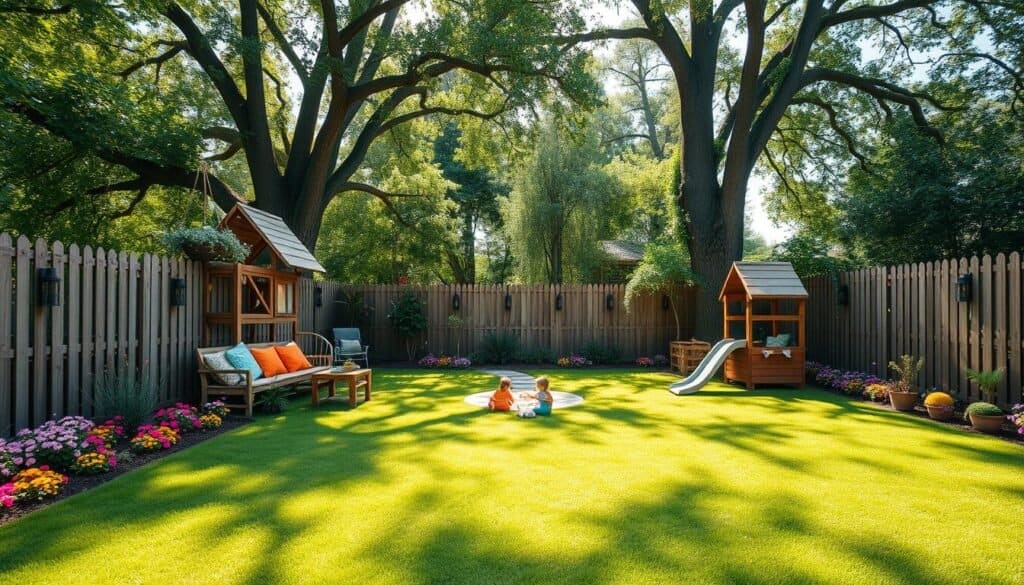 A serene and inviting kid-friendly backyard design, featuring a spacious green lawn with soft grass, surrounded by colorful flowers and low, safe wooden fences. In the foreground, a wooden playset with a slide and climbing net, alongside a cozy seating area with vibrant cushions for relaxation. In the middle, a small sandbox with toys, a gentle pathway made of natural stone, and potted plants offering splashes of color. In the background, tall trees provide shade, dappled sunlight filtering through leaves, creating a warm and cheerful atmosphere. The scene is bathed in bright, natural light, emphasizing the cheerful and peaceful environment, ideal for children and pets to play freely.