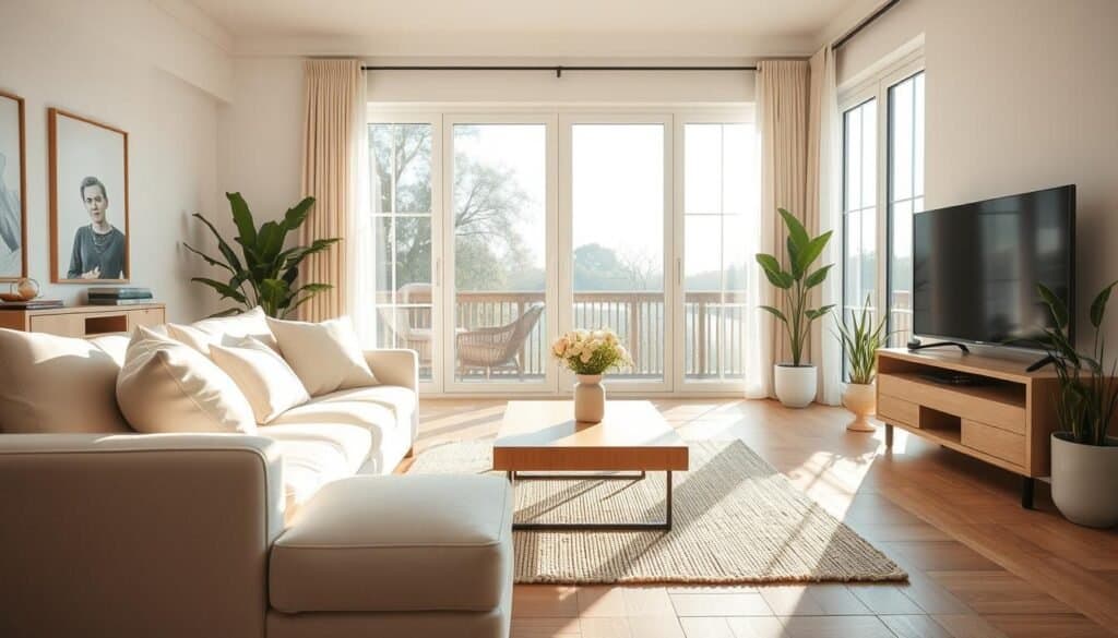 A serene and inviting living room design that embodies the art of effortless living. In the foreground, a plush, light-colored sofa adorned with soft pastel cushions invites relaxation. In the middle ground, a sleek wooden coffee table sits above a soft, woven rug, with a vase of fresh flowers adding a touch of nature. The background features large windows that fill the space with bright, natural light, accentuating the airy atmosphere. Subtle greenery peeks from potted plants positioned in the corners. The scene is bathed in soft sunlight, creating a warm and soothing mood, captured with a wide-angle lens to showcase the harmonious layout and inviting vibe of the living room. A serene and inviting living room design that embodies the art of effortless living. In the foreground, a plush, light-colored sofa adorned with soft pastel cushions invites relaxation. In the middle ground, a sleek wooden coffee table sits above a soft, woven rug, with a vase of fresh flowers adding a touch of nature. The background features large windows that fill the space with bright, natural light, accentuating the airy atmosphere. Subtle greenery peeks from potted plants positioned in the corners. The scene is bathed in soft sunlight, creating a warm and soothing mood, captured with a wide-angle lens to showcase the harmonious layout and inviting vibe of the living room.