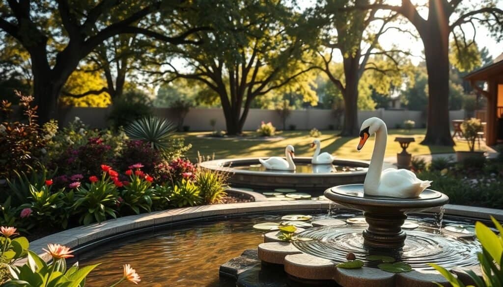 A serene backyard featuring elegant water features that enhance an inviting outdoor space. In the foreground, a gently flowing fountain surrounded by lush green plants and colorful flowers, creating a tranquil atmosphere. The middle ground showcases a small pond with lily pads and a couple of graceful swans gliding across the water, reflecting the soft sunlight. In the background, tall trees provide shade, with dappled sunlight filtering through the leaves. The scene is bathed in warm, natural light, creating a peaceful mood. A wide-angle lens captures the entire expanse, with a slight elevation to emphasize the beauty of the water features and the harmonious landscape. The overall ambiance feels relaxing and welcoming, perfect for enjoying outdoor leisure activities.