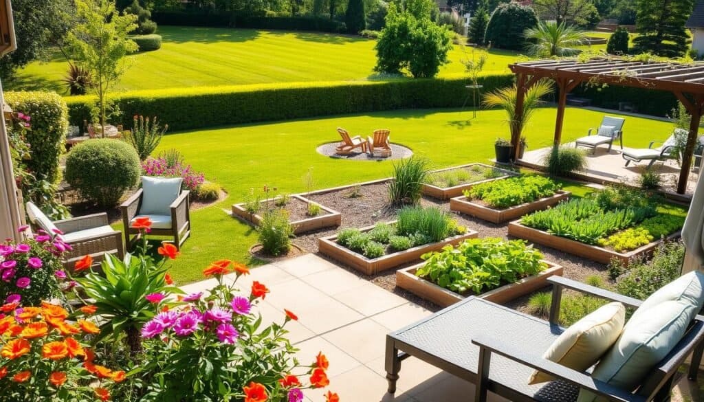 A serene backyard featuring specialized garden zones designed for different purposes. In the foreground, a cozy seating area with stylish outdoor furniture, surrounded by vibrant flowerbeds bursting with color. In the middle ground, a vegetable garden with neatly arranged raised beds, with fresh herbs and vegetables thriving under bright sunlight. Nearby, a tranquil zone with a small water feature and lounging chairs beneath a shaded pergola, inviting relaxation. In the background, a lush green lawn framed by hedges and ornamental trees, creating a peaceful atmosphere. The scene is bathed in soft, natural light, showcasing the beauty of each garden zone, evoking a sense of calm and harmony. The perspective is slightly elevated, offering an inviting view of the entire garden layout.