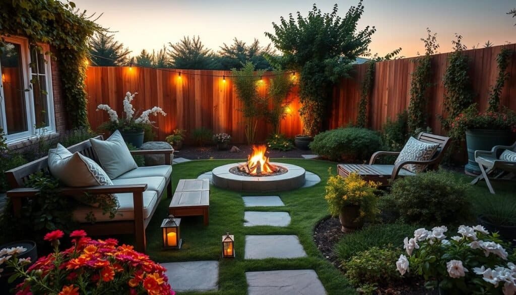 A serene backyard garden design illuminated by soft evening lights. In the foreground, a cozy seating area with comfortable outdoor furniture, plush cushions, and a low wooden coffee table, surrounded by vibrant flowers and green shrubs. In the middle, gracefully curved stone pathways lead to a charming fire pit, gently glowing under strands of fairy lights. Potted plants with delicate blooms add a touch of color, while subtle lanterns cast a warm, inviting glow. In the background, a tall wooden fence covered with creeping vines provides privacy, with the sky transitioning into twilight, showcasing soft hues of orange and purple. The overall mood is tranquil and inviting, perfect for relaxation and enjoyment in the evening.