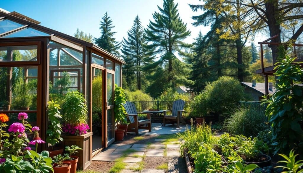 A serene backyard greenhouse nestled amidst a lush garden, filled with vibrant flowers and thriving plants. In the foreground, the greenhouse features a glass frame with wooden accents, showcasing a variety of herbs and vegetables, all thriving in pots and raised beds. The middle ground displays a cozy seating area with rustic wooden chairs and a small table, inviting relaxation. In the background, tall trees and a clear blue sky create a tranquil atmosphere, with soft sunlight filtering through the leaves. The lighting is bright and natural, casting gentle shadows and highlighting the rich colors of the plants. The overall mood is one of peacefulness and the joy of year-round gardening.