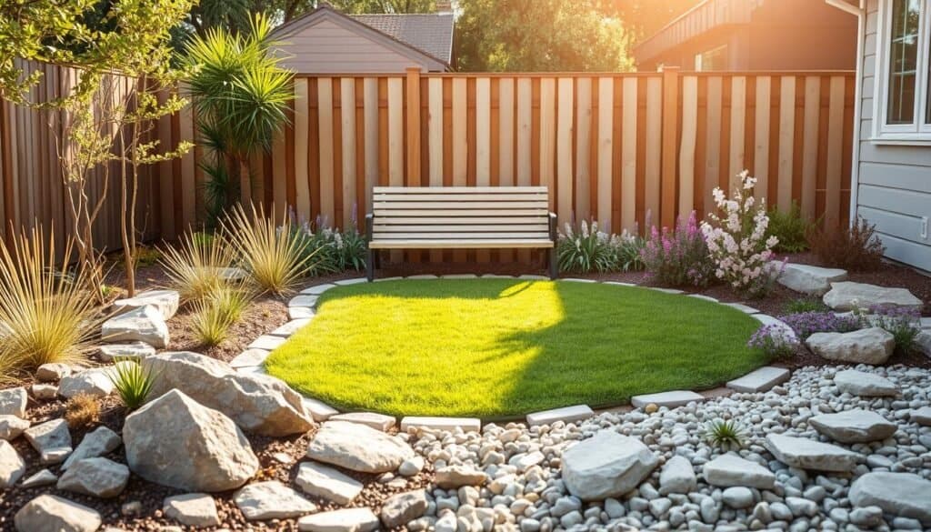 A serene backyard landscape design emphasizing low-maintenance features. In the foreground, a carefully designed rock garden with natural stones and drought-resistant plants, like succulents and ornamental grasses. The middle section presents a vibrant turf area bordered by simple, elegant perennials in soft hues. A modern wooden bench sits in this area, inviting relaxation. In the background, a low wooden fence complements the setting, providing a sense of privacy. Bright natural light filters through soft sunlight, creating a warm ambiance. The scene is captured at a slight angle to emphasize depth, with a focus on harmonious colors and textures. The overall mood is calm and inviting, perfect for busy homeowners seeking comfort and tranquility in their outdoor space.
