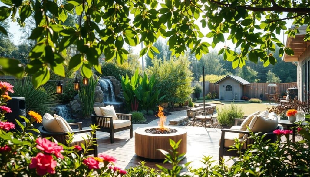 A serene backyard oasis, featuring a cozy outdoor living zone with comfortable, stylish seating arranged around a decorative fire pit. In the foreground, lush greenery thrives, with vibrant flowers adding splashes of color. In the middle ground, a large wooden deck is adorned with soft cushions and a low coffee table, while gently swaying lanterns cast a warm glow. The background reveals a cascading waterfall framed by tall, leafy plants and a distant view of a quaint garden shed. The scene is bathed in bright, natural light filtered through the leaves, creating soft sunlight spots on the deck. The mood is inviting and tranquil, perfect for relaxation and social gatherings, captured from a slightly elevated angle to provide depth and perspective.