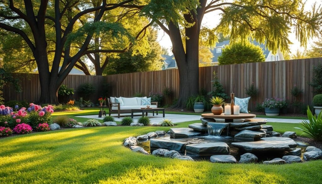 A serene backyard oasis featuring a tranquil water feature as the centerpiece. In the foreground, lush green grass surrounds a beautifully designed ornamental pond with gently cascading water, surrounded by vibrant flowers and decorative stones. The middle ground showcases a cozy seating area with stylish outdoor furniture, including a small wooden table set with potted plants and candles, inviting relaxation. In the background, tall trees provide shade, and a wooden fence creates a sense of privacy. Soft golden sunlight filters through the leaves, casting dappled light onto the scene, enhancing the calm and peaceful atmosphere. The angle is slightly elevated, capturing the layout and beauty of this idyllic outdoor living zone, emphasizing the harmony between nature and design.