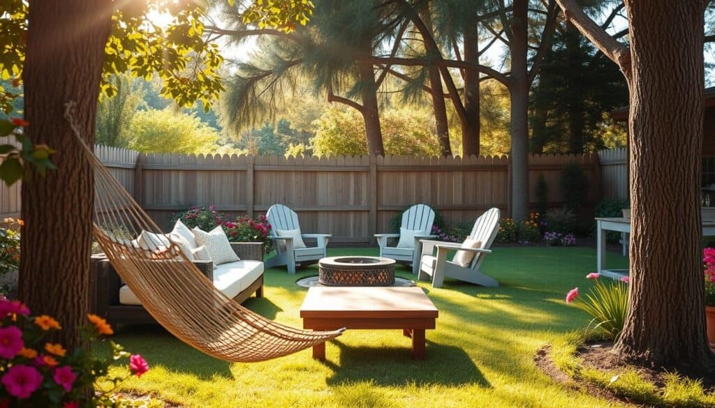 A serene backyard retreat featuring a cozy seating area with plush cushions and a rustic wooden coffee table, surrounded by vibrant greenery and colorful blooming flowers. In the foreground, a hammock is gently swaying between two trees, inviting relaxation. The middle ground showcases a fire pit encircled by comfortable chairs, perfect for evening gatherings. The background features a charming wooden fence and tall trees creating a sense of privacy, with warm sunlight filtering through the leaves, casting soft shadows on the grass. The atmosphere is tranquil and inviting, ideal for unwinding in nature. Captured in bright natural light, the scene evokes a peaceful, comfortable outdoor space, perfect for personal retreats.