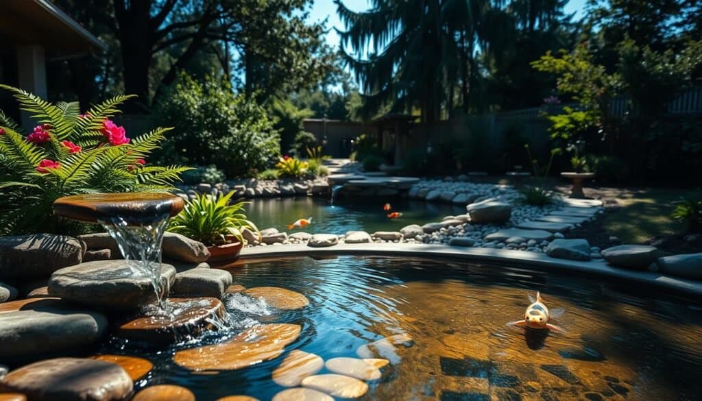 A serene backyard scene featuring a tranquil water feature. In the foreground, a gentle bubbling fountain adorned with smooth river stones and surrounded by lush greenery, including ferns and colorful flowers. In the middle ground, a small pond reflects the soft sunlight, with koi swimming gracefully. Surrounding the pond, decorative pebbles and well-placed garden lights create a calm pathway. The background showcases tall trees softly filtering bright natural light, enhancing the peaceful atmosphere. The scene is captured from a low angle, emphasizing the water's surface glistening under a clear blue sky, while soft shadows play across the ground. The overall mood conveys serenity and relaxation, perfect for a comforting outdoor space.