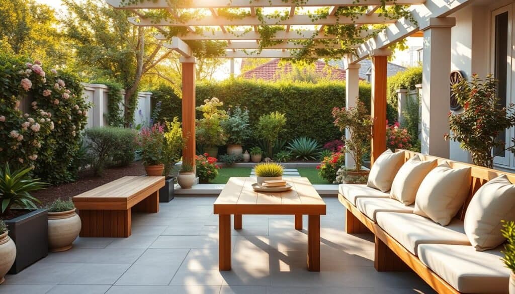 A serene backyard scene featuring built-in seating options designed for long-term comfort. In the foreground, showcase a row of beautifully crafted wooden benches with plush cushions in neutral tones, invitingly arranged around a sleek, natural wood table. In the middle ground, integrate flourishing greenery such as potted plants and flowering shrubs, adding a touch of nature. The background reveals a soft-focus view of a vibrant garden with a shaded pergola filtering warm, golden sunlight through its trellises, creating an inviting atmosphere. The image should capture the essence of a cozy outdoor gathering space, emphasizing relaxation and comfort. Use bright, natural light to highlight textures and colors, with a wide-angle lens to encompass the entire scene, evoking a tranquil, airy mood.