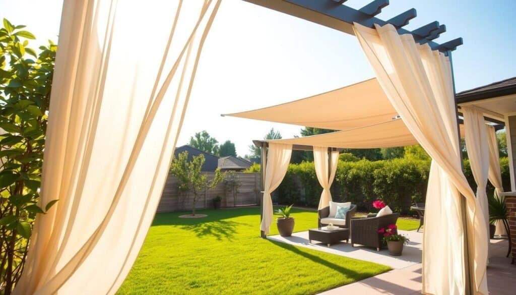 A serene backyard scene featuring stylish shade structures that provide protection from sun, wind, and rain. In the foreground, a modern pergola adorned with climbing vines and soft, flowing outdoor curtains gently sways in a light breeze. The middle ground showcases an inviting seating area with weather-resistant furniture, surrounded by potted plants and flowers, all bathed in bright natural light. In the background, a lush green lawn meets a clear sky, emphasizing the comfort these structures bring. The atmosphere is tranquil and inviting, filled with warm, soft sunlight filtering through the shade. Capture this scene from a slightly elevated angle to showcase the layout and harmony of the backyard space, focusing on enhancing the feeling of comfort and shelter.