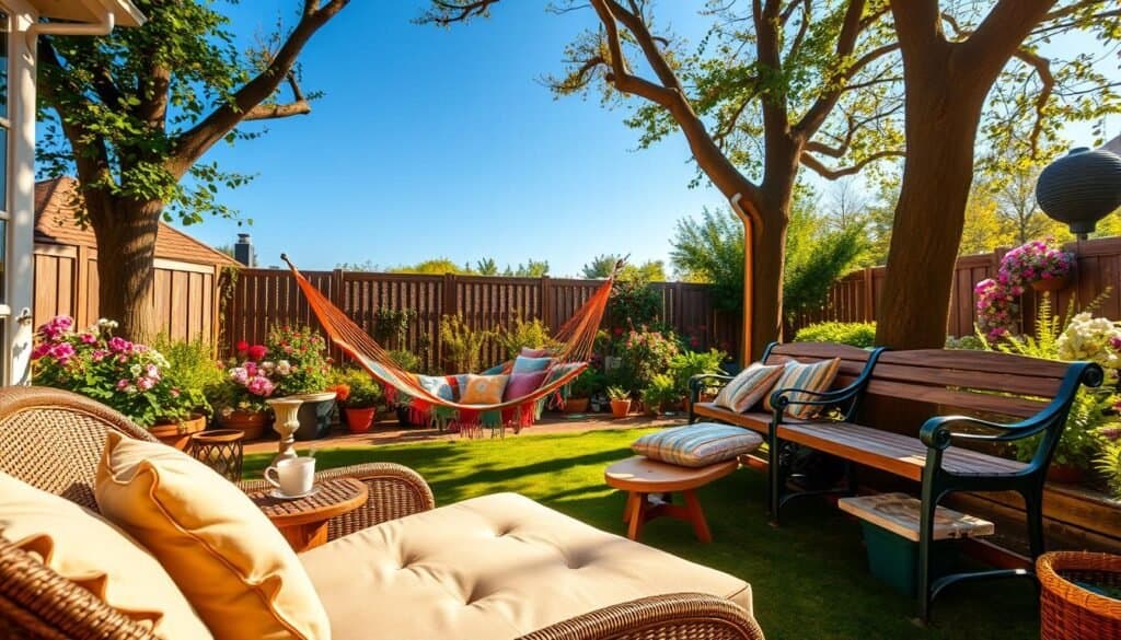 A serene backyard scene featuring various comfortable outdoor seating options. In the foreground, a cozy rattan lounge chair with plush cushions, accompanied by a small wooden side table with a steaming cup of tea. In the middle ground, a stylish hammock gently swaying between two trees, adorned with colorful throw pillows. A rustic wooden bench, surrounded by potted plants, adds charm and character. In the background, a lush garden with blooming flowers and greenery under a clear blue sky. The scene is bathed in soft, warm sunlight, creating a relaxing atmosphere that invites ultimate relaxation. Shot with a wide-angle lens to capture the expansive space, emphasizing the beauty and tranquility of the outdoor area.